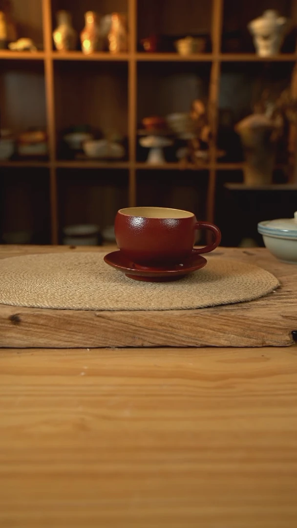 复古红系列的蛋壳咖啡杯+碟