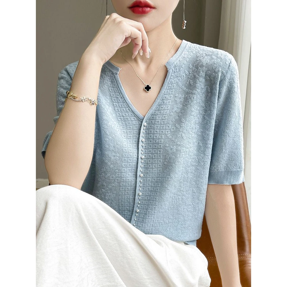 【梅姐专属】夏季莱赛尔天丝纯色V领套头短袖小衫钉珠重工QHNSY-142