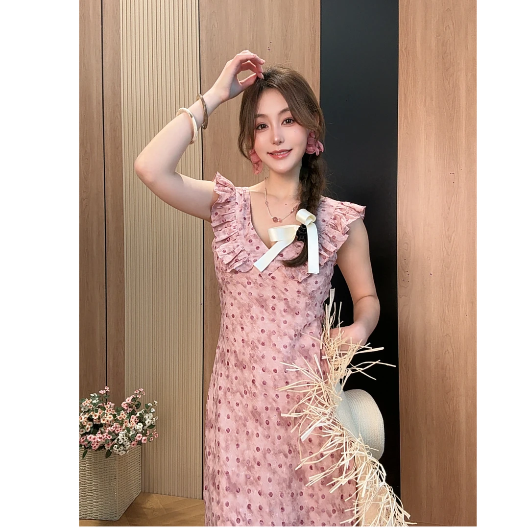 2025夏装新款法式荷叶边印花修身高品质气质显瘦飞飞袖连衣裙