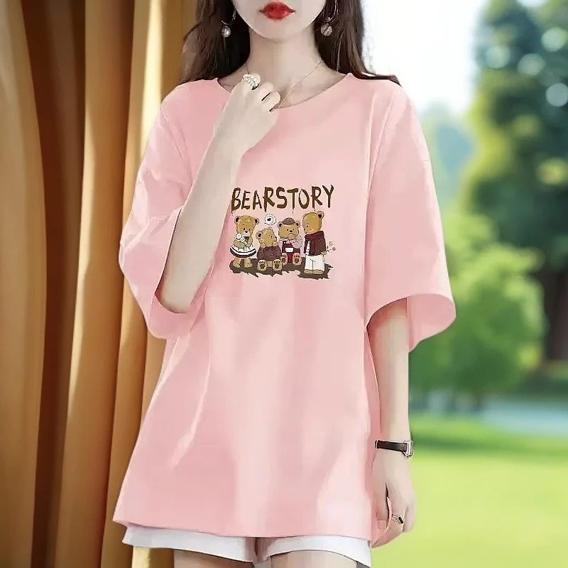 100%纯棉短袖T恤女2025夏季新款欧货大码宽松胖mm显瘦中长款上衣
