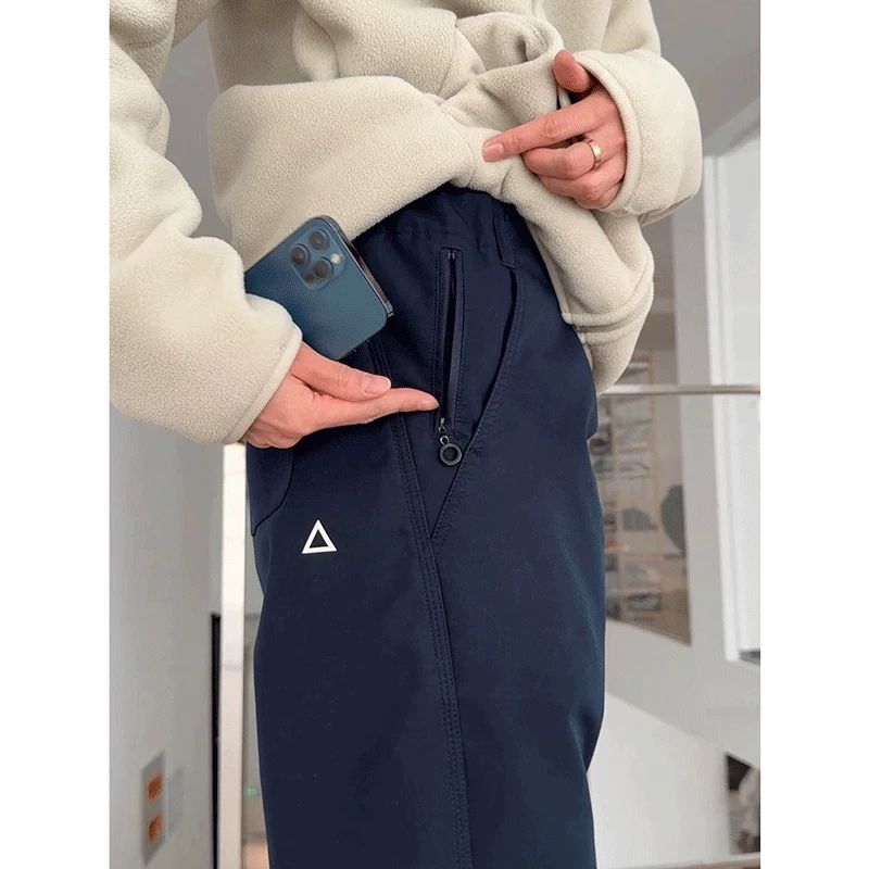 日系三角标加绒直筒工装裤男款秋冬藏青色软壳冲锋裤子户外登山裤