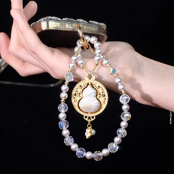 XX403【白玉福禄】手机链挂饰奢华珍珠水晶珠子手链条宋锦防丢挂饰