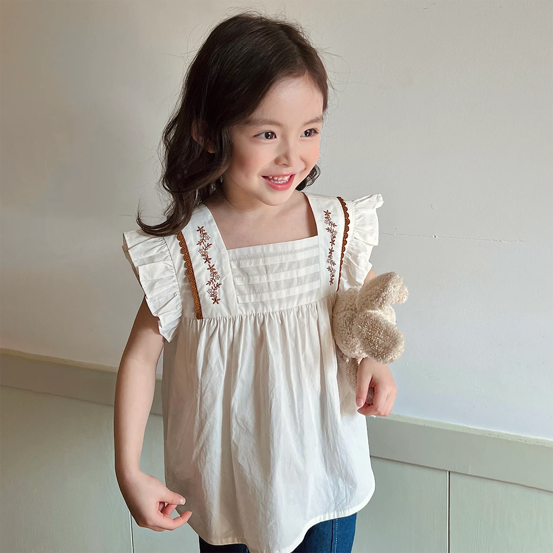 现货【莺酥】100棉3412女童夏装时尚女宝小飞袖娃娃衫百搭衬衫