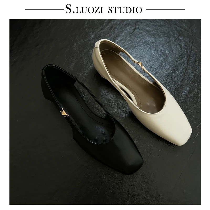 诗罗姿2025新款方头法式复古侧空通勤皮鞋低跟浅口单鞋百搭一脚蹬