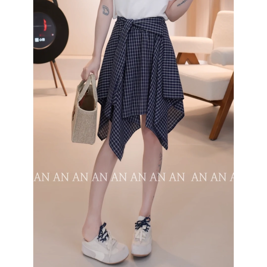 C04161显瘦设计感小个子松紧腰不规则绑带格子短裙半身裙有内衬