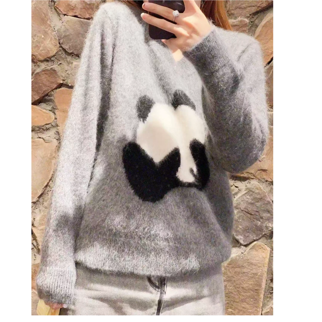 【顶嘉嘉羊绒】256607-100山羊绒拉绒小熊猫长袖款简约百搭