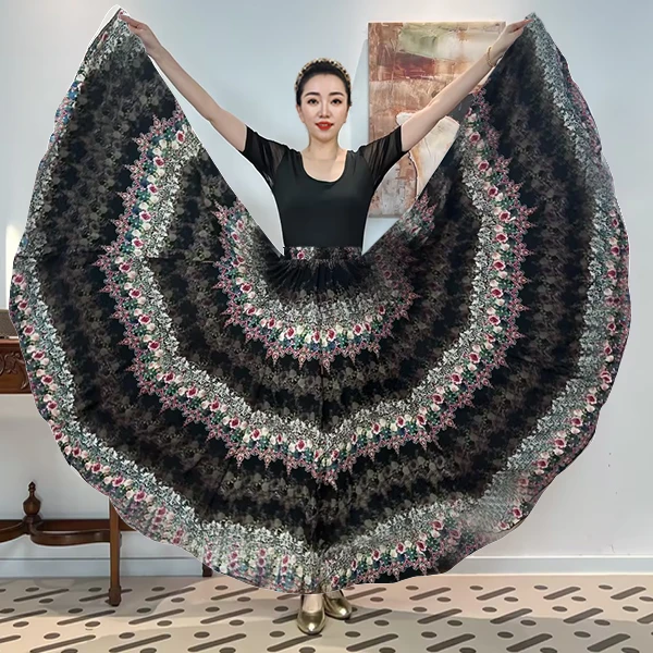 B《花之乐园》绉花莱赛尔大摆新疆舞半身裙/720带衬裙