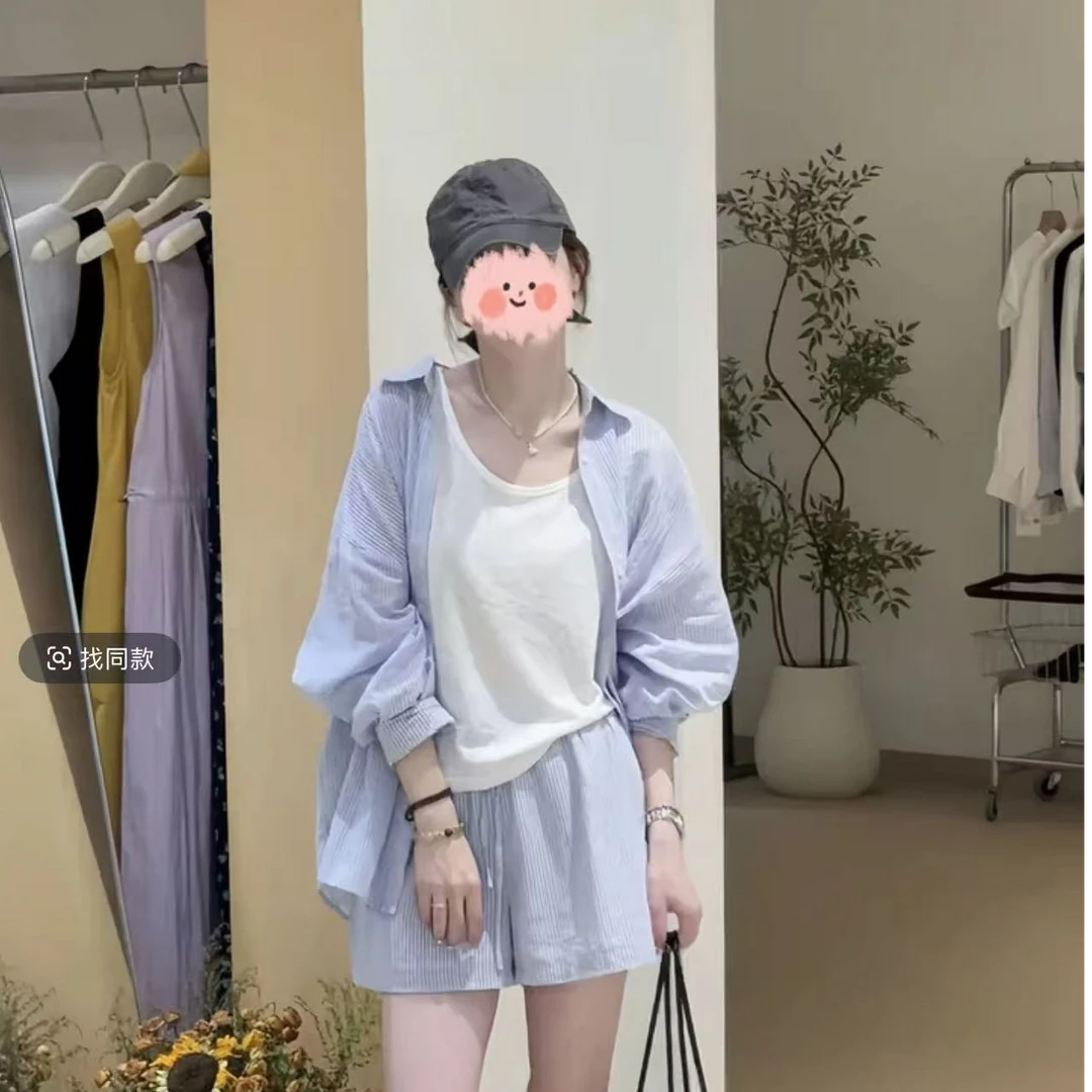 【韩女三件套】夏季新款韩系休闲宽松时尚百搭慵懒衬衫三件套