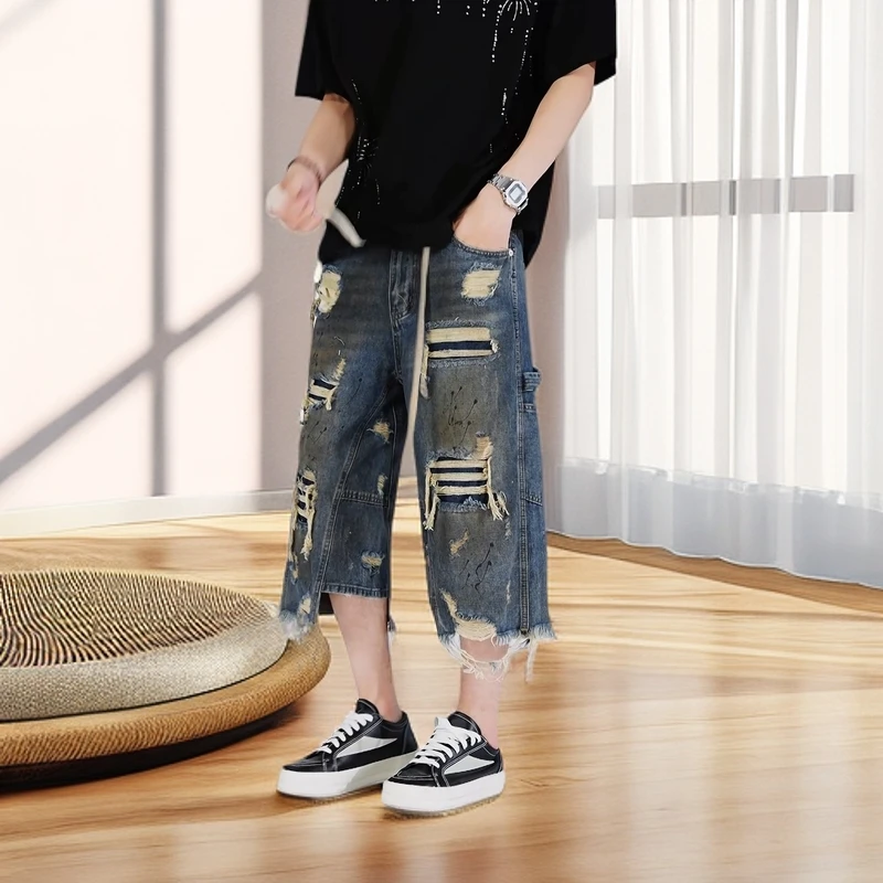 潮牌巴黎风高街擦色破洞时尚百搭潮流牛仔裤直筒轻奢痞帅男装