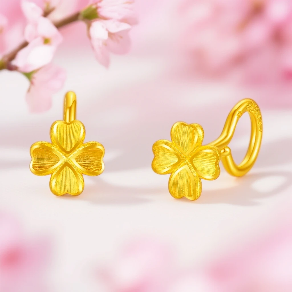 【双11】足金99999浪漫简奢拉丝四叶草耳钉耳饰梦金园黄金旗舰