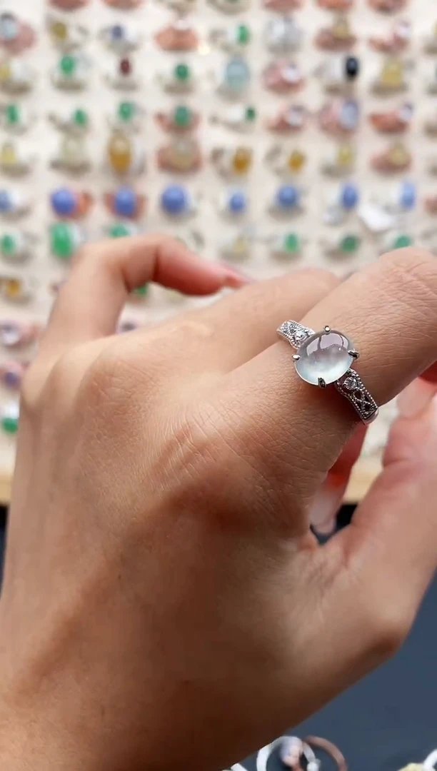 【闪购商品】翡翠戒指银S925镶嵌缅甸天然A货翡翠111 4+6