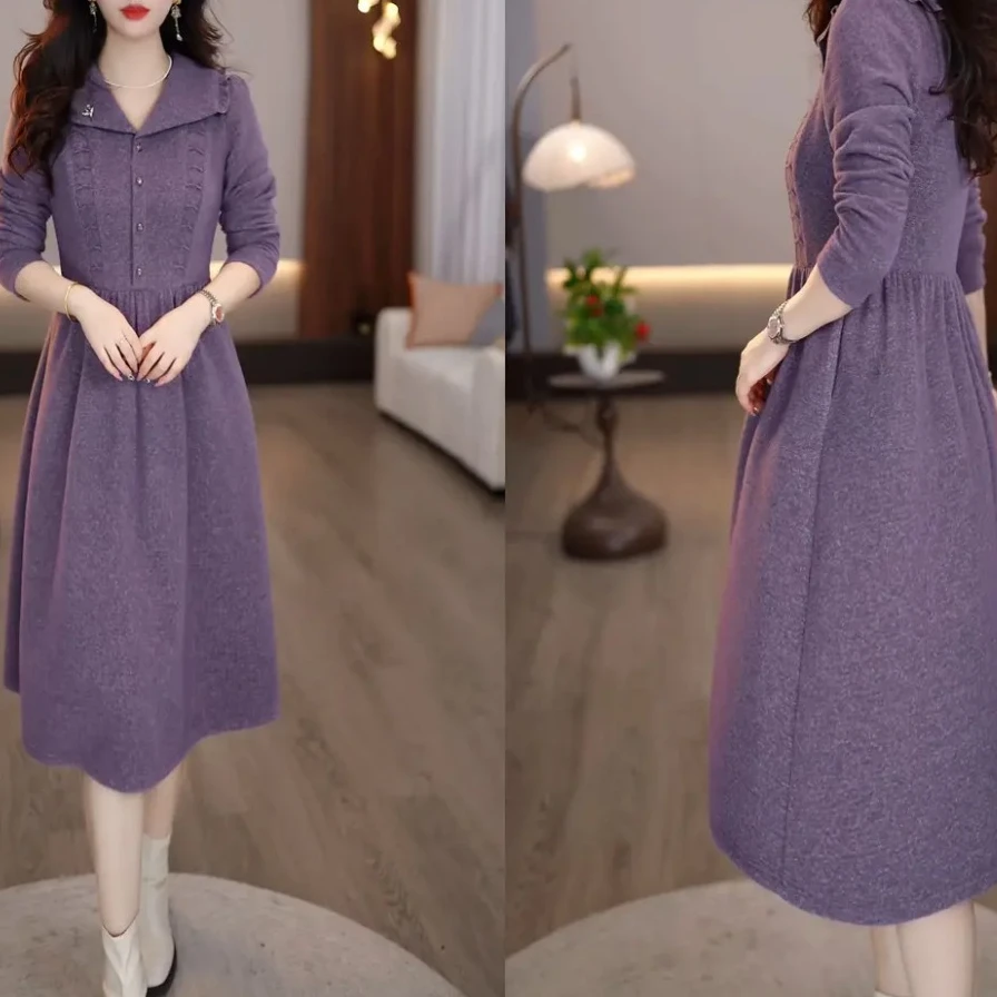 2025秋款紫色轻奢干练精致打底时尚气质洋气修身女士连衣裙M-4XL
