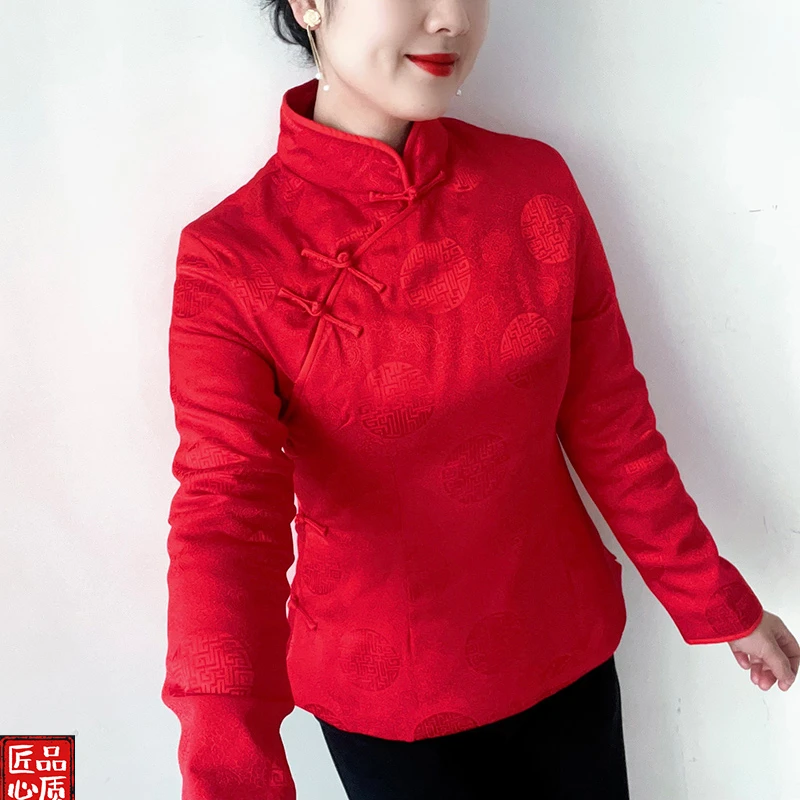 傲雪原创夹棉国风旗袍小袄上衣斜襟ins唐装红色气质拜年服冬季款