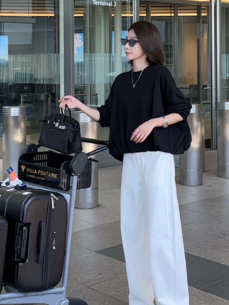 韩版女装慵懒风黑色长袖t恤休闲长裤春秋新款百搭设计感气质套装