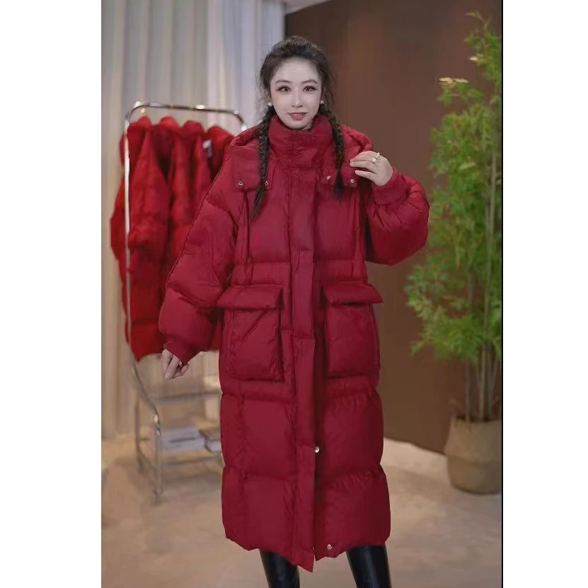 2025冬季新款时尚三粒扣羽绒服女中长款加厚过膝白鸭绒收腰外套潮