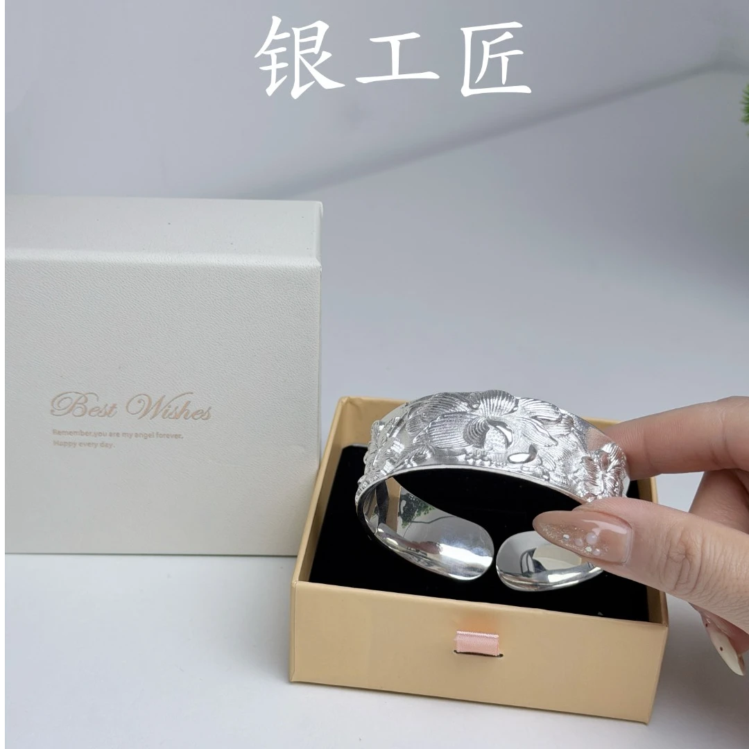 足银手镯 A134足银荷花古法开口宽版足银手镯