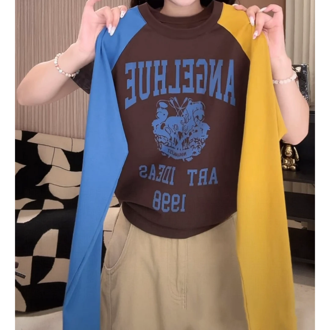 设计感撞色拼接圆领长袖T恤女2025秋季新款百搭休闲显瘦打底衫潮