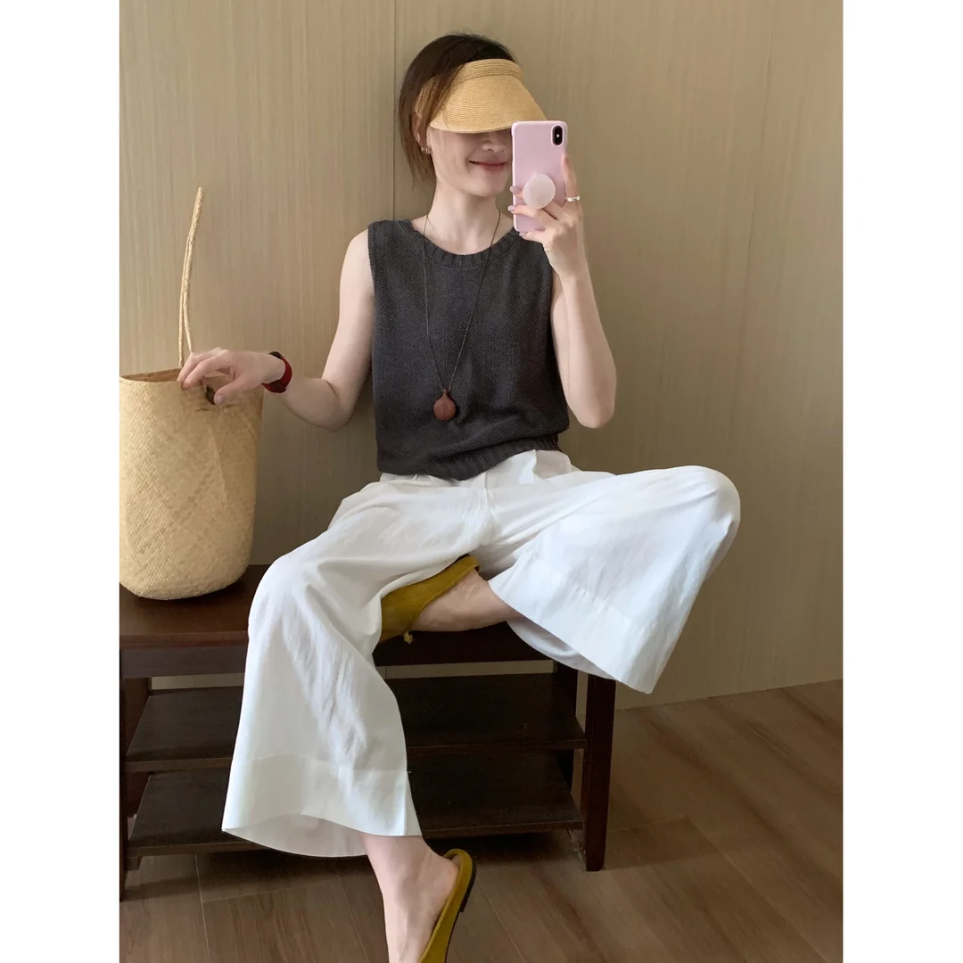 夏装搭配一整套小个子无袖衬衫阔腿裤时尚洋气减龄显瘦遮肉两件套