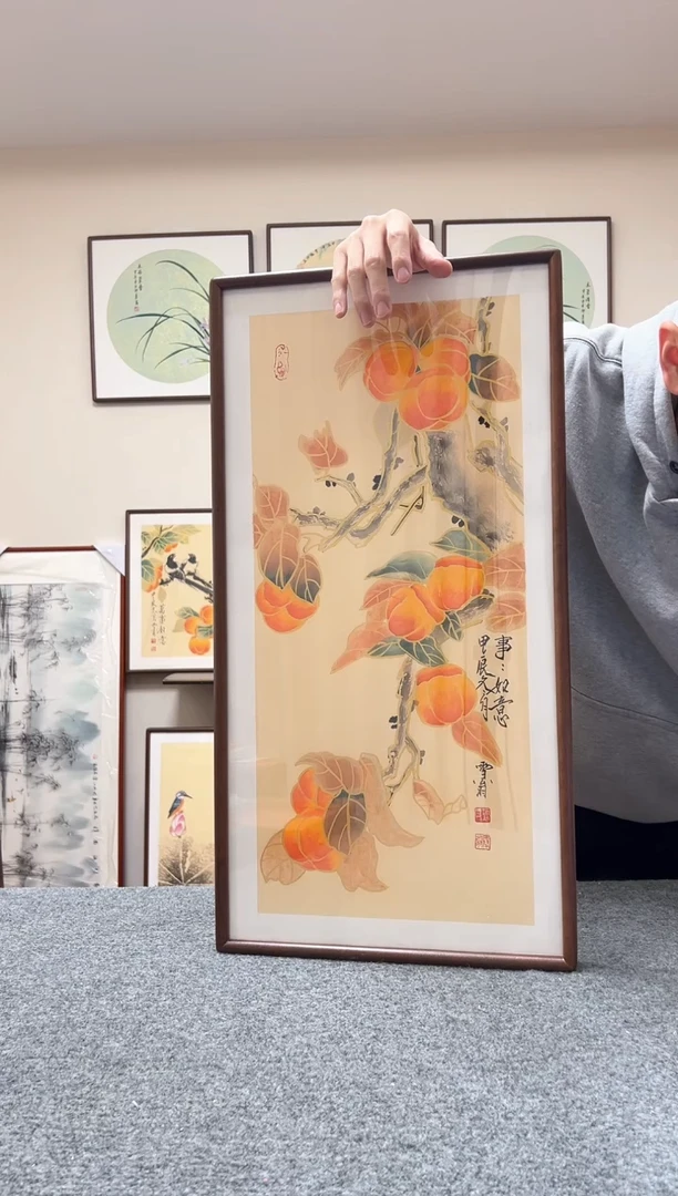 【闪购商品】书法四尺四开黑胡桃描金柿子事事如意69x36