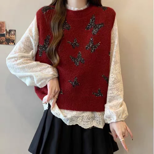 2025秋冬新款亮片蝴蝶结叠穿针织马甲打底衫上衣短款百搭套头背心