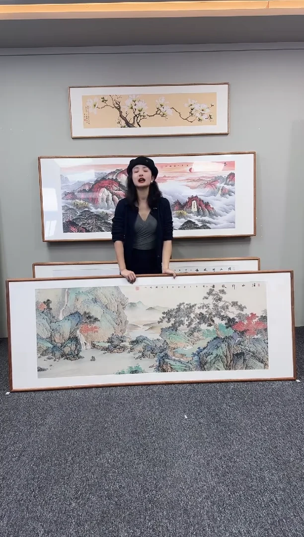 国画梅*姐溪山行旅图210*80