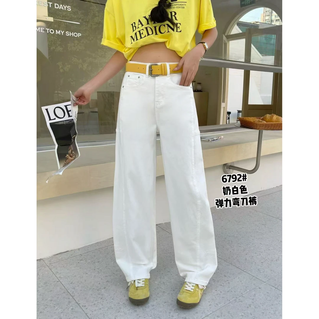 欧若风弹力弯刀裤牛仔裤女2025春季新款显瘦高腰休闲宽松阔腿裤