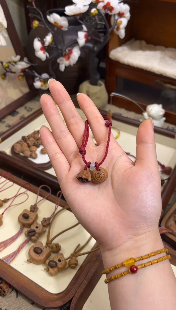 手串桃核【桃缘行】黄色「福气莲莲」桃木桃核辟、挡、驱、护 可以调节