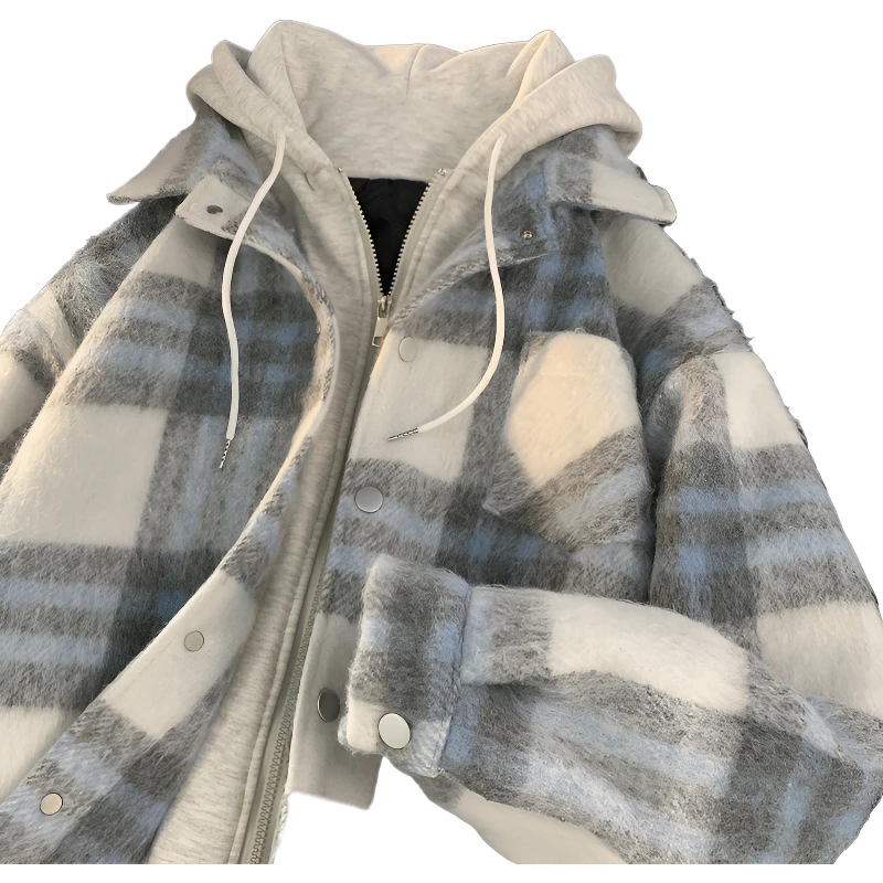 真维斯美式假两件毛呢格子男女外套秋冬2024新款宽松加厚棉衣棉服