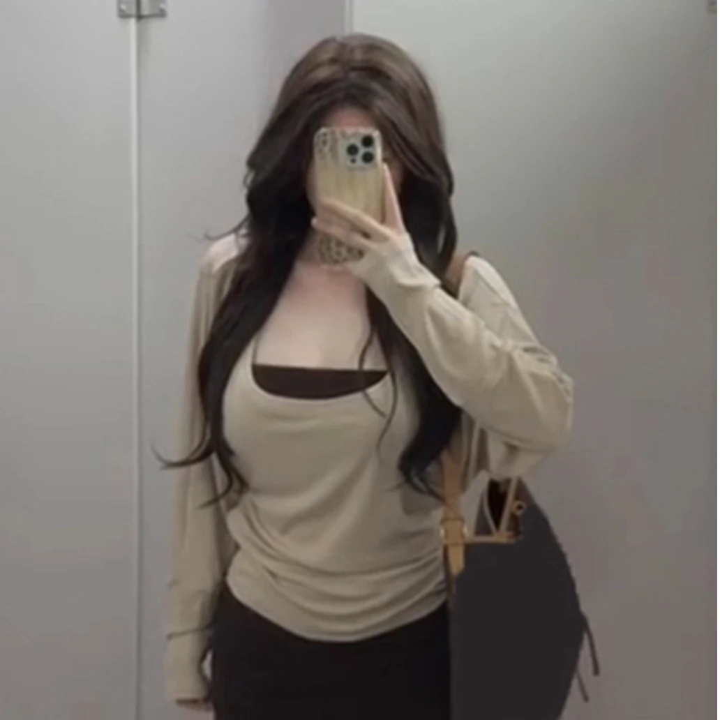 2025新款秋季大码胖mm巨显瘦吊带上衣两件套慵懒风纯欲长袖t恤女