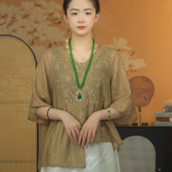 【春江韵】设计师国风立领提花花纹新中式短袖