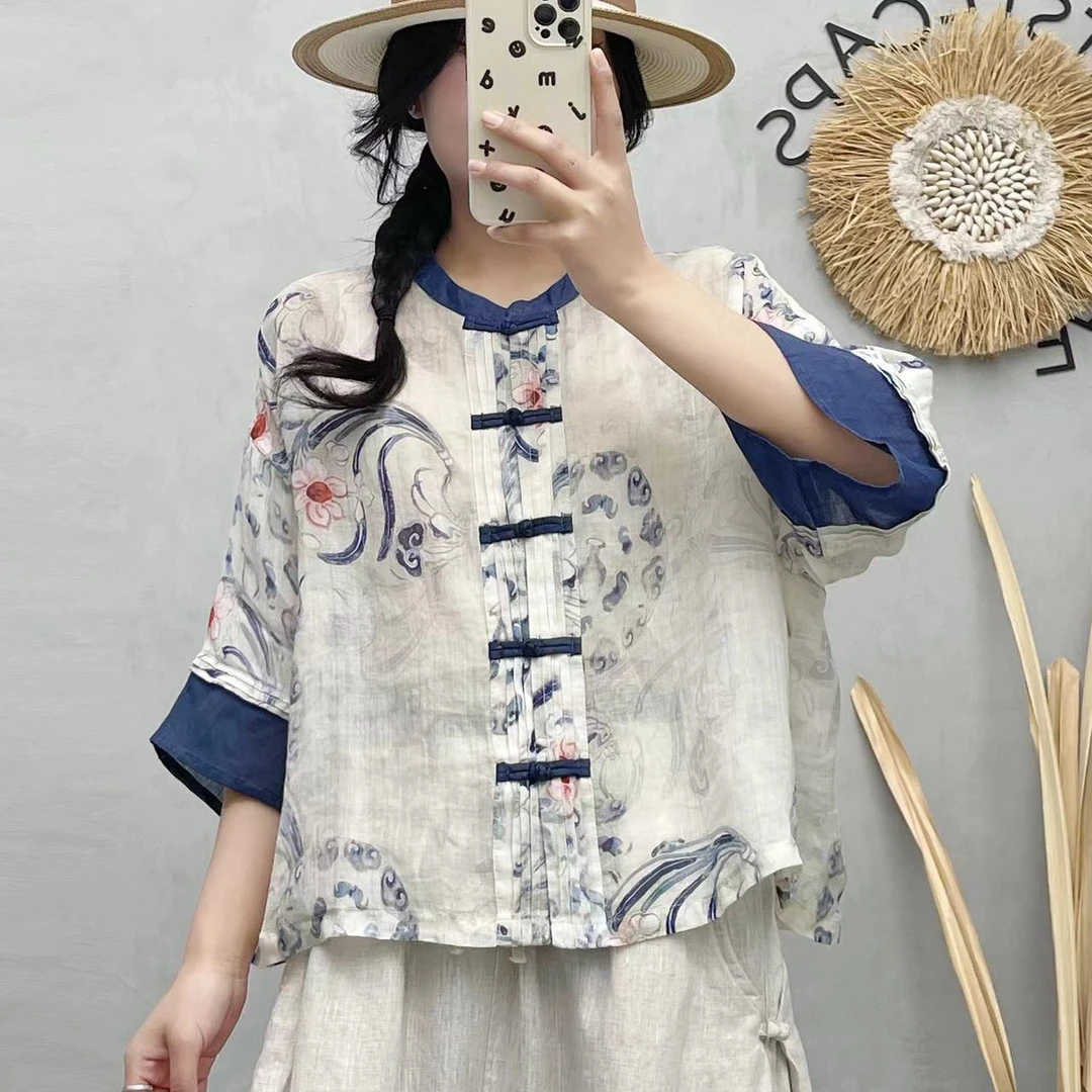 2025春夏新款复古苎麻印花撞色盘扣衬衫女文艺新中式百搭上衣