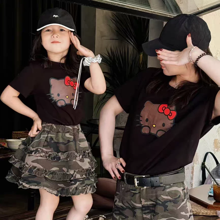 女童夏季薄款卡通套装女孩子洋气黑色T恤+迷彩裙两件套夏季亲子装