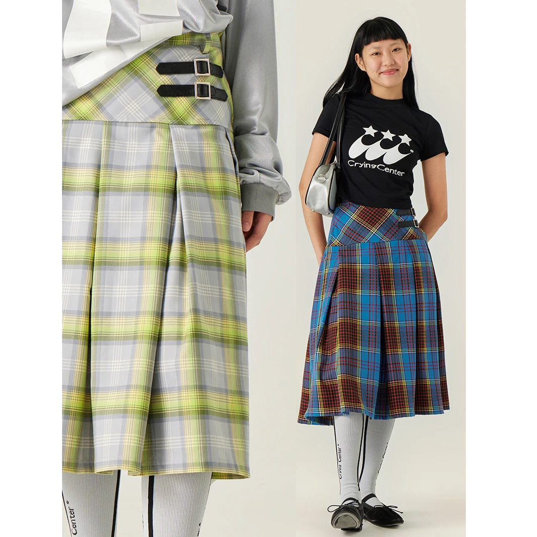 Crying center/哭喊中心高腰皮标千禧复古格纹廓形百褶裙半身裙