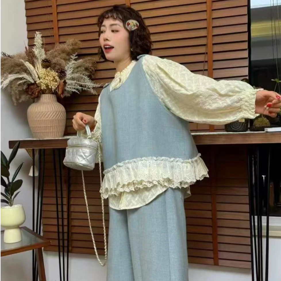 【微醺女友套装】【马甲十裤子】复古宽松胖瘦可穿韩系甜美风套装