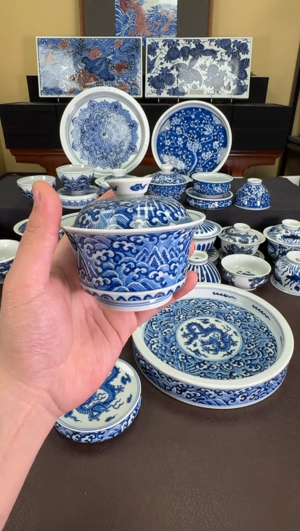 【闪购商品】羿器窑海水团龙马蹄盖碗