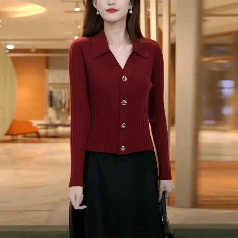 翻领红色针织开衫2025早春新款修身显瘦打底衫短款长袖内搭上衣