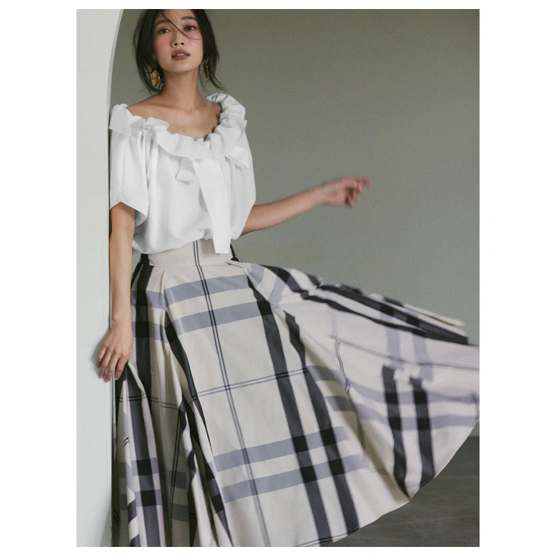 复古百搭 F 夏季格纹纯色百褶高腰大摆半身裙 【DD外贸】