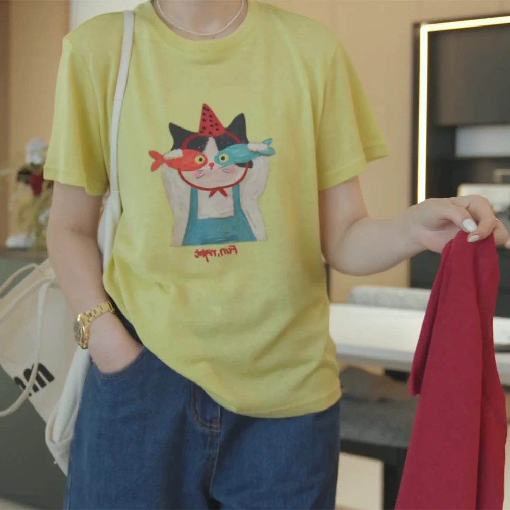 2025韩系夏季圆领显瘦印花短袖小猫爱吃鱼T恤休闲百搭宽松卡通