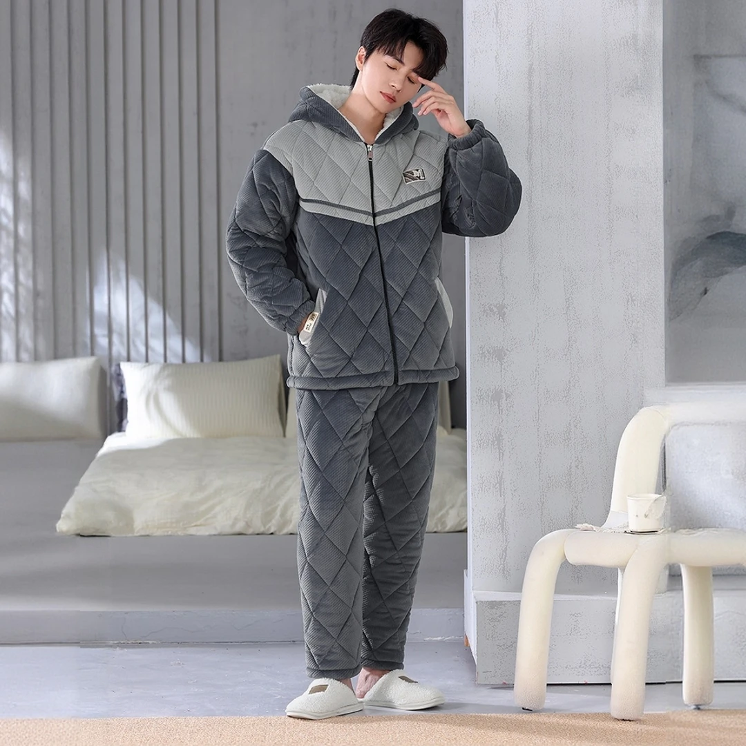 新款海岛绒三次夹棉加厚保暖青年连帽冬季睡衣家居服套装冬天休闲