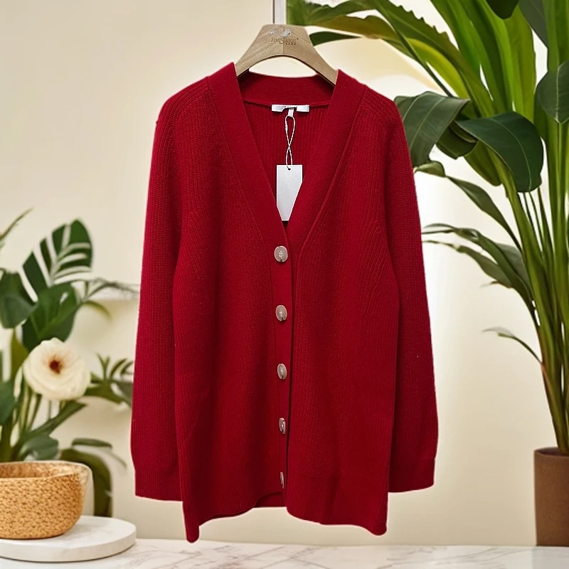 LR  V领款纯色系纽扣款针织开衫 LWD333M054