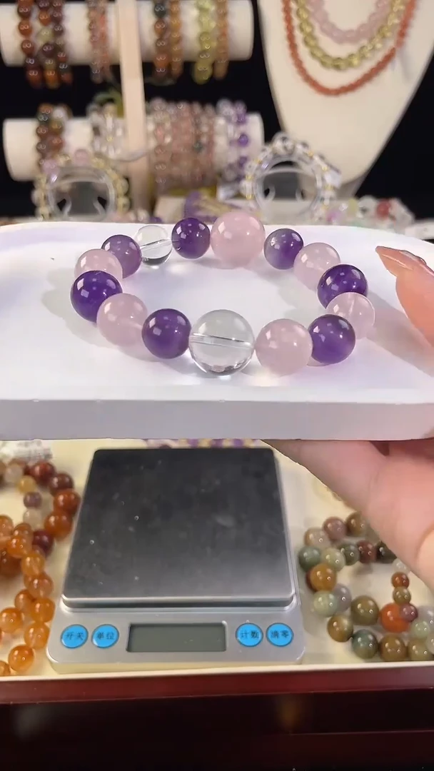 未镶嵌手串水晶白水+紫水+粉水设计款