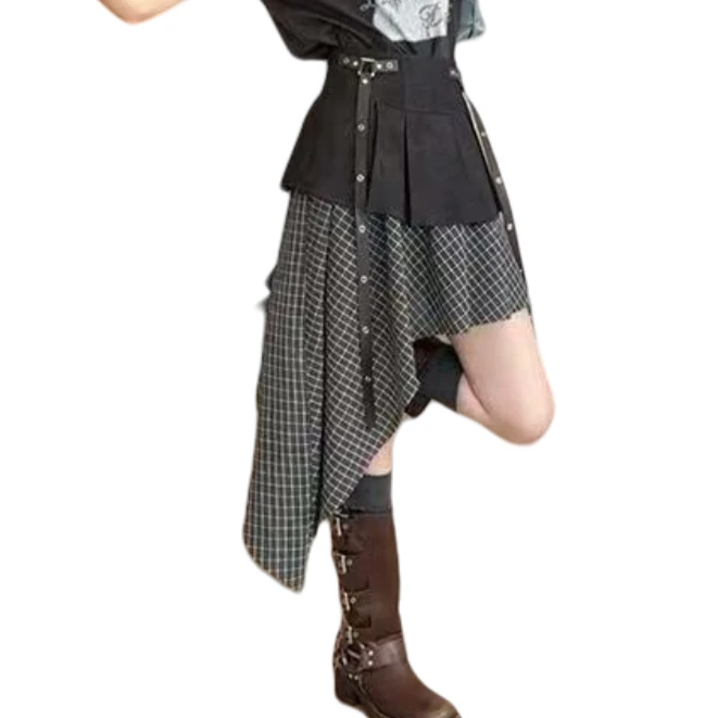 大宝家格子裙子不规则半身裙,