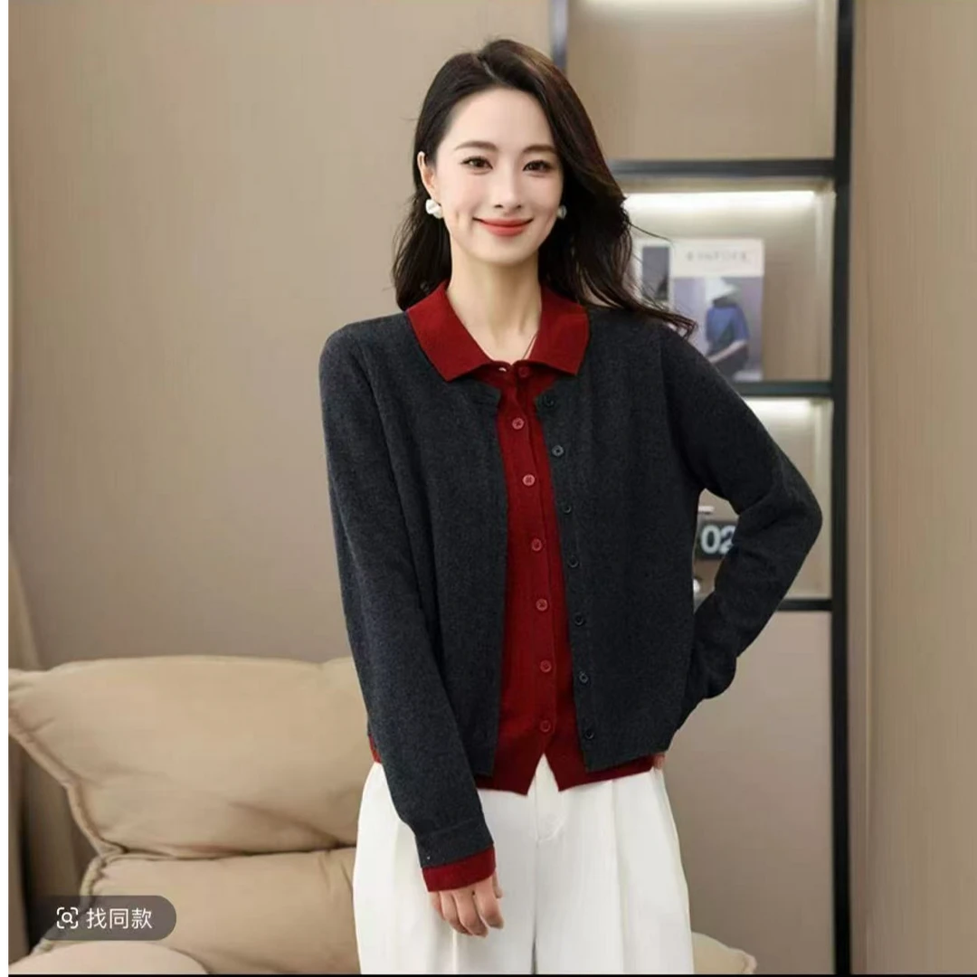 时尚翻领拼色设计感减龄针织衫女秋季新款假两件毛衣通勤外套上衣