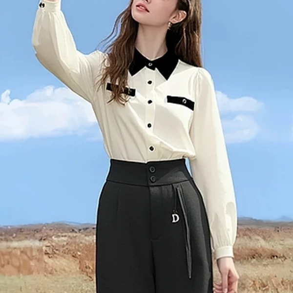 F4328-【摩】撞色翻领假口袋雪纺衬衣#XMF57S013