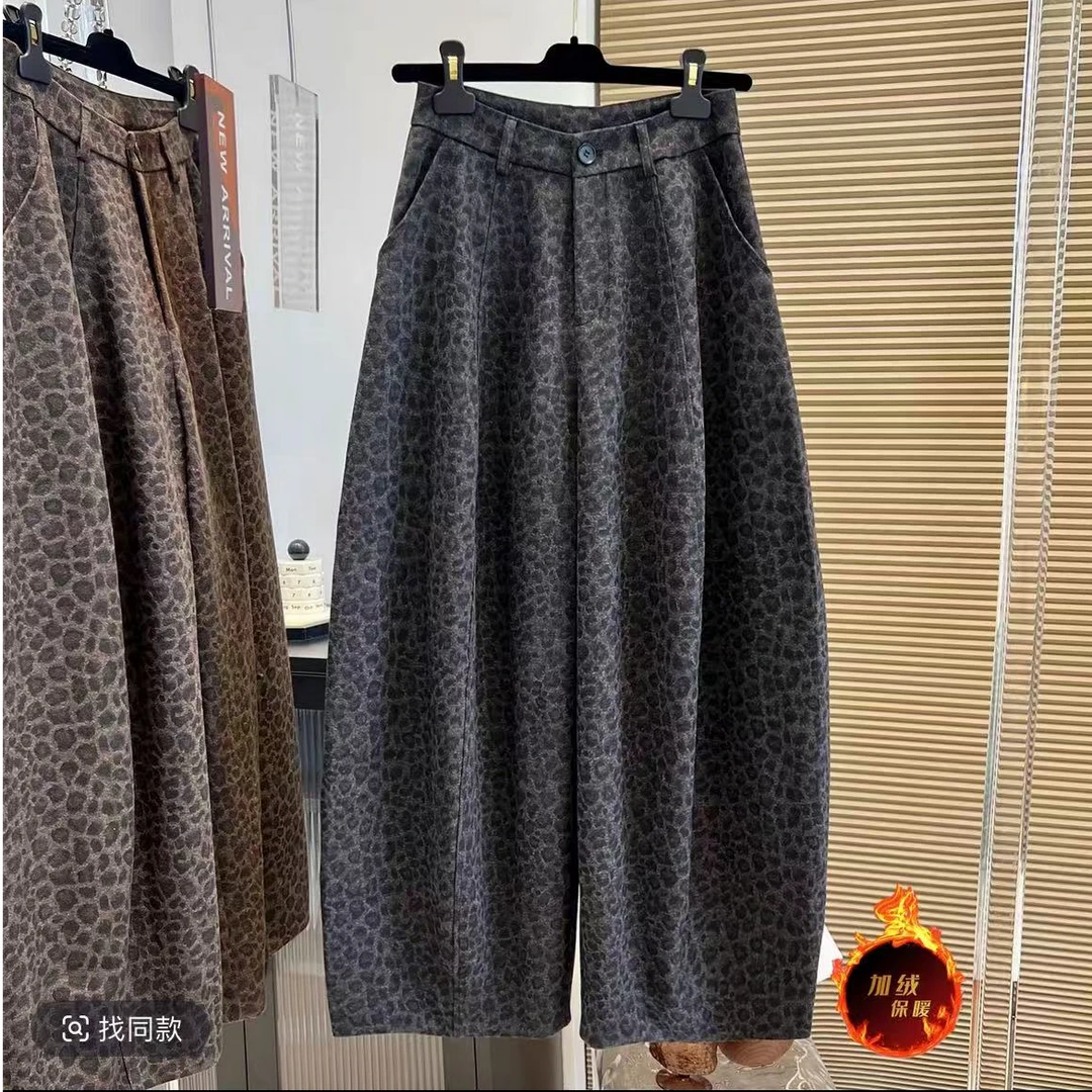 2025年新款小众豹纹高腰休闲裤宽松时髦弯刀裤女加绒冬季新款洋气