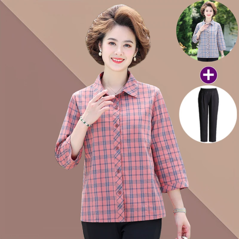 纯棉夏季格子中袖衬衣中老年妈妈装全棉衬衫大码女士薄款开衫宽松