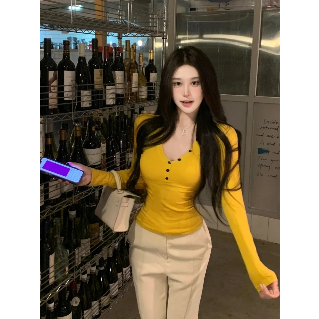 辣妹v领长袖T恤女秋季收腰修身内搭纯欲风紧身显瘦显身材打底上衣