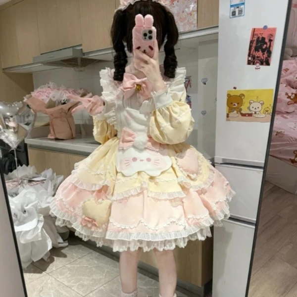 茉汐手工长袖版甜茶Lolita少女小猫软萌黄粉色秋冬Doll感洛丽塔裙