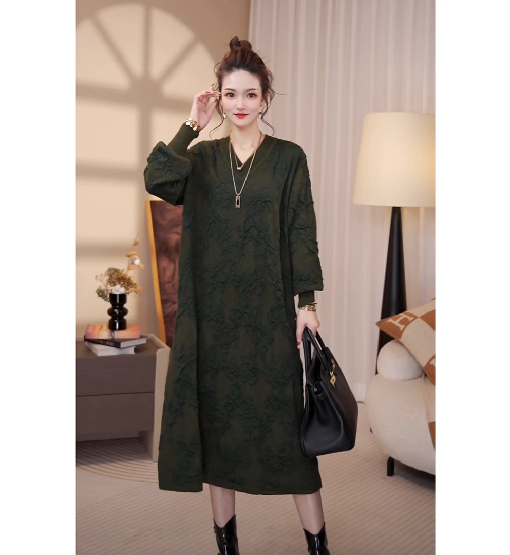 高端品质V领[绿调]秋冬时尚长款毛衣显瘦连衣裙-6616#