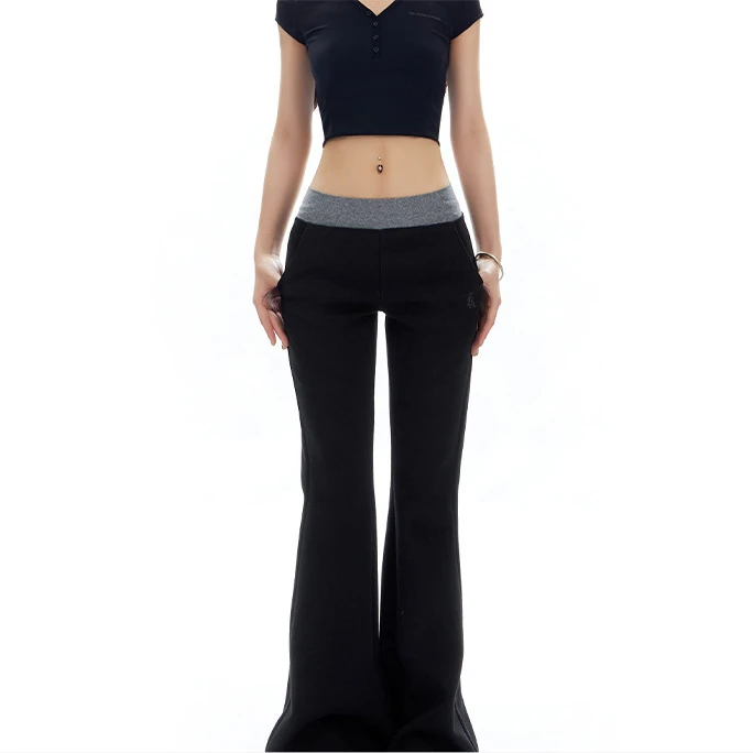 APEA弹力休闲运动卫裤女Office Siren拼接腰头撞色修身高腰喇叭裤